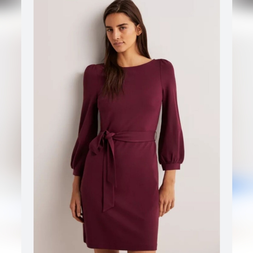 Boden Burgundy Midi Dress with Tie Waist